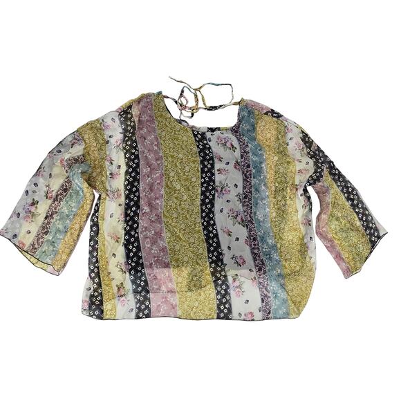 Bella France Silk Patchwork Peasant Top Womens Large Floral Fairy Bell Sleeve - Picture 1 of 7